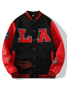 Men's Vintage La Baseball Jacket, Colorblock Embroidered Streetwear, Inspirational Slogan Outerwear, Casual Hip-Hop Fashion