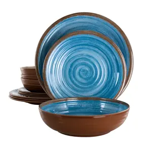 12 Piece Rippled Tides Lightweight Melamine Dinnerware Set, Blue