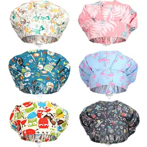 6 Pieces Bouffant Caps with Buttons Elastic Bouffant Turban, Nursing Surgical Cap Printed Scrub Working Hats
