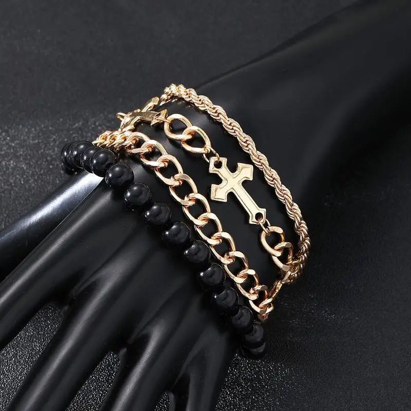 4pcs Punk Gold Color Minimalist Cross Bracelet For Men Black Beads Elegant Chain Bracelet Gift Daily Wear New 4pcs Punk Gold Color Minimalist Cross Bracelet For Men Black Beads Elegant Chain Bracelet Gift Daily Wear New