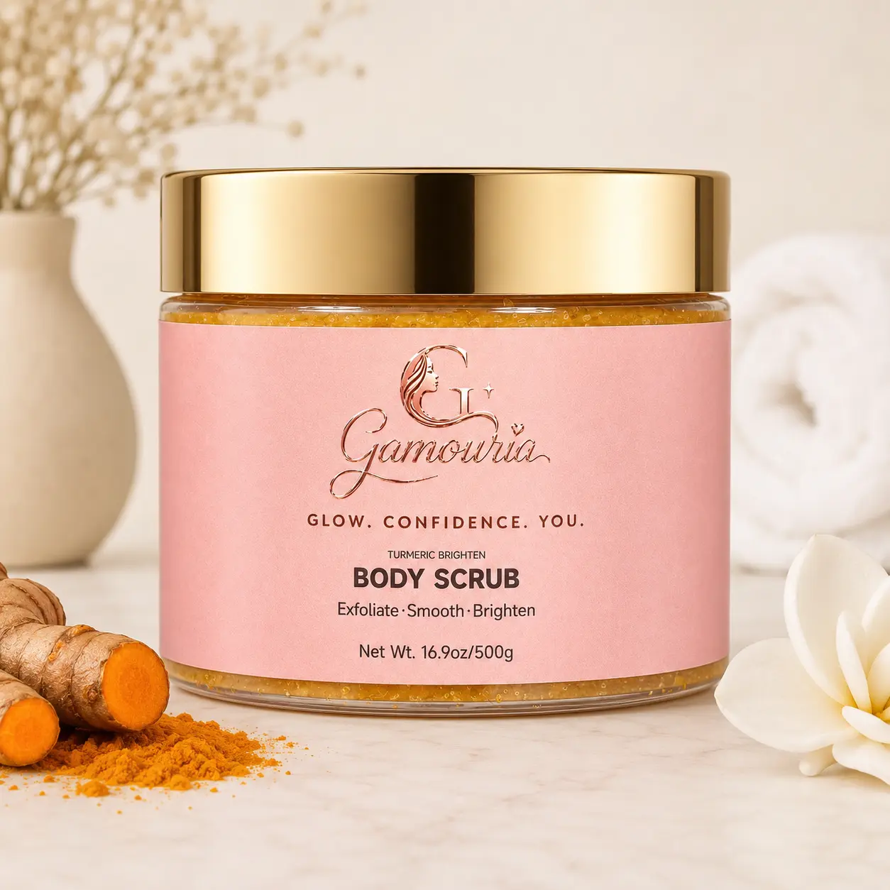 GAMOURIA Turmeric Brightening Body Scrub, Beauty & Personal Care Bath Exfoliant for Glowing Skin