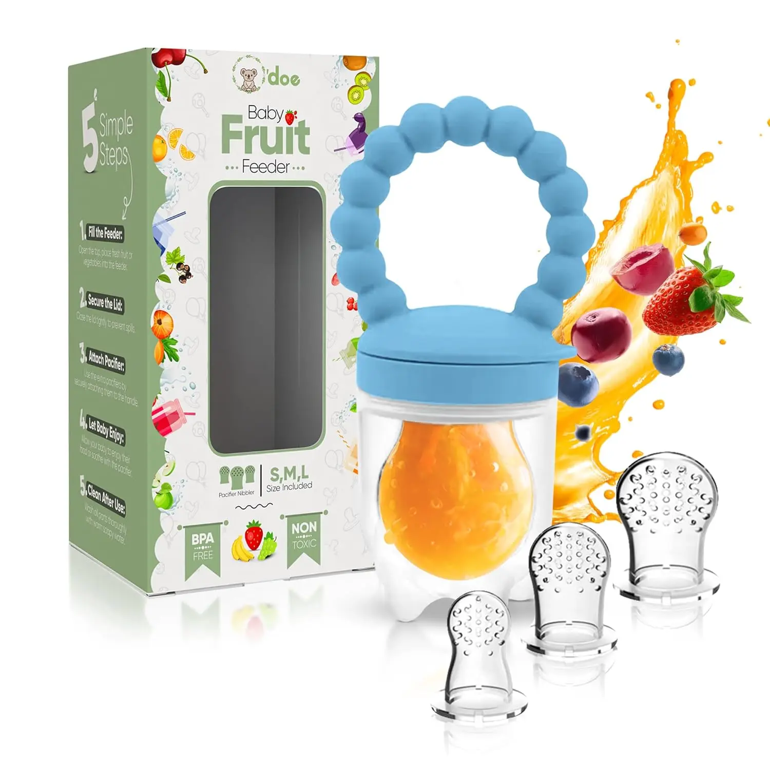 Silicone Baby Fruit Feeder Pacifier Set - BPA-Free, 3 Nipples, Teether & Food Soother for Fresh Fruits/Purees, Teething Relief for Infants