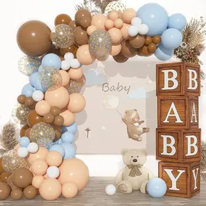 Baby Boxes Balloons for Baby Shower, 4 Wood Grain Blocks with Letter 111Pcs Brown Blue Nude Balloon Garland Kit for Bear Baby Shower Decorations Gender Reveal Boy Birthday Party Supplies Set Photo
