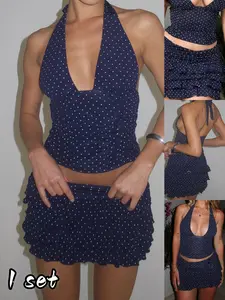 Women's Two-Piece Set, Polka Dot Print Halter Top and Short Skirt, Sexy Slim-Fit for Daily Wear, Parties, Gatherings