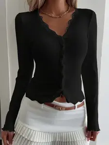 Women's Contrast Lace Ruffle Hem Fitted Slim Open Front Cardigan, Long Sleeve Solid Color Top, New Comfortable Buttoned Long Sleeve Shirt, Knitwear