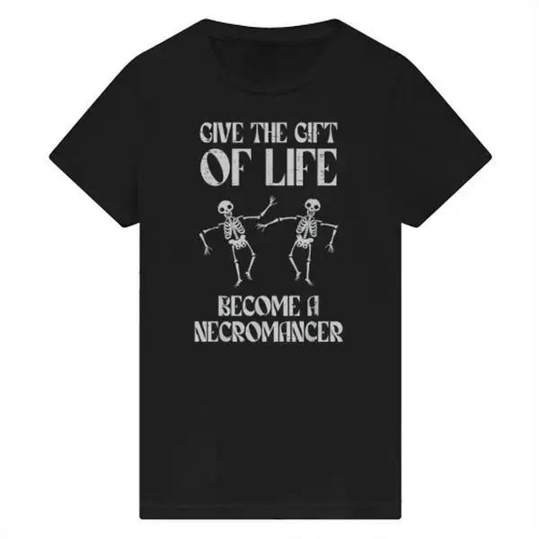 Unisex Oversized Cotton Necromancer Dancing Skeleton Meme Tee, Gothic Distressed Graphics, Round Neck Shortsleeve Sports Top with Comfortable Fit, "Give The Gift Of Life" Themed Apparel, Tops, Funny, Relaxed Fit, Distressed Print