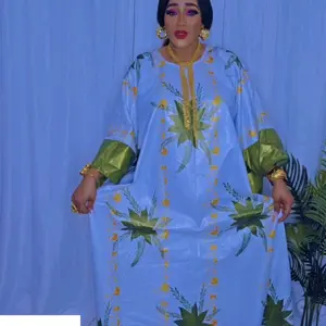 Super Fanga Bazin Grand Bubu Dress 3pcs Set with Wrap and Head Wrap in Vibrant Green and Yellow Leaf Print