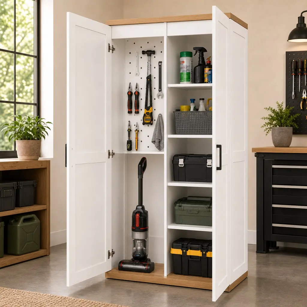 68.9" Tall White MDF Wooden Vacuum Storage Cabinet with 2 Doors, Adjustable Shelves, Pegboard Organizer, Broom Closet for Living Room, Laundry Room, Bathroom, Garage, Utility Room, Cleaning Tool Storage, White Color Options, MDF Material