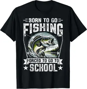 Funny Fishing Shirt Forced To Go To School Bass Fish Summer Casual Shortsleeve Cotton T-Shirt