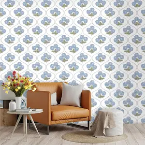 French Hydrangea Theme Wall Paper, Light Blue Flowers, Lines, Leaves, PVC Material, Moisture-Proof, Living Room Decor