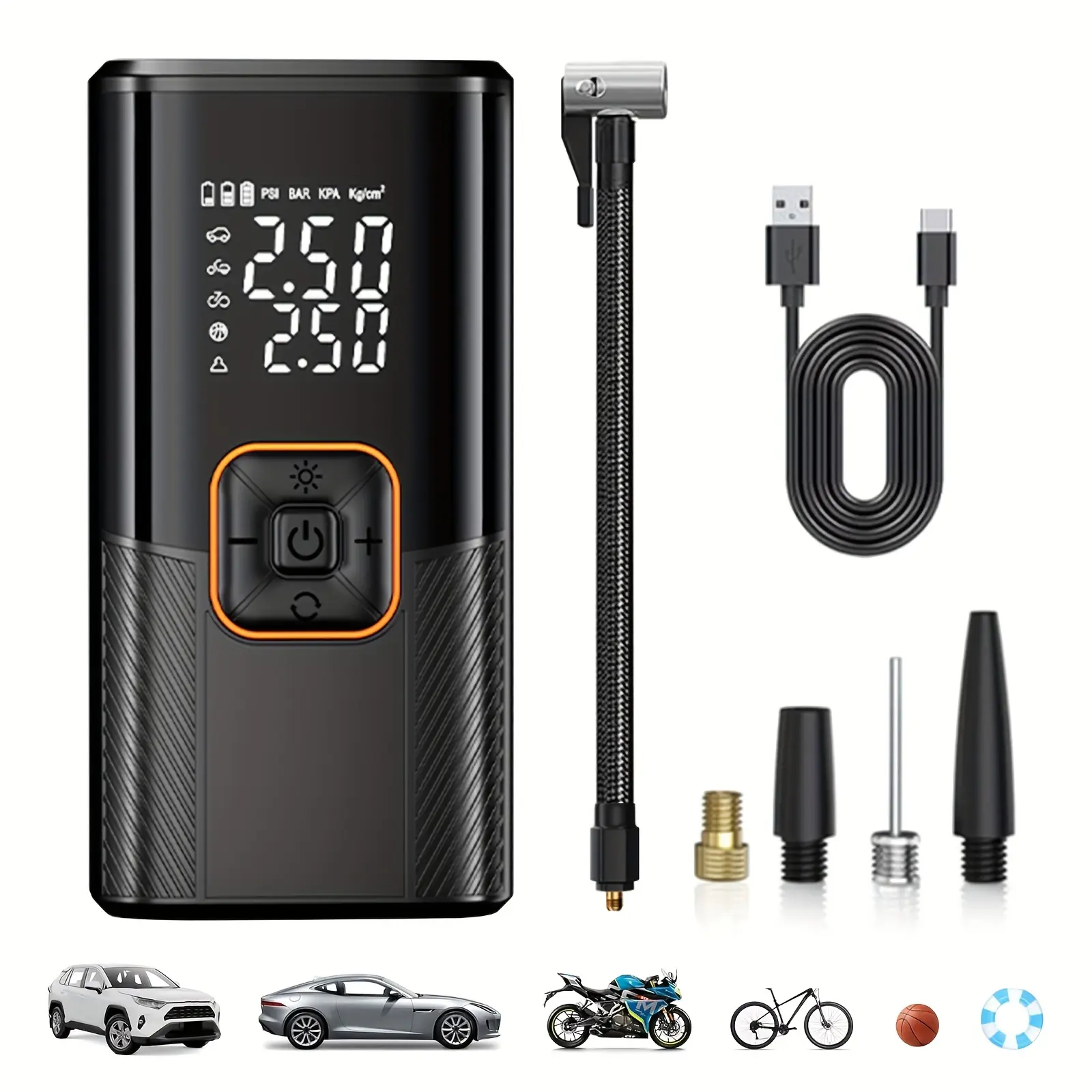 Wireless Electric Tire Inflator Pump, Tire Inflation Pump, Cordless Tire Inflator, Automotive Tire Inflator, Digital with LCD Display, Fast Charging, Portable Air Compressor, Max Pressure 150psi, Ideal for Cars, Bikes, Motorcycles