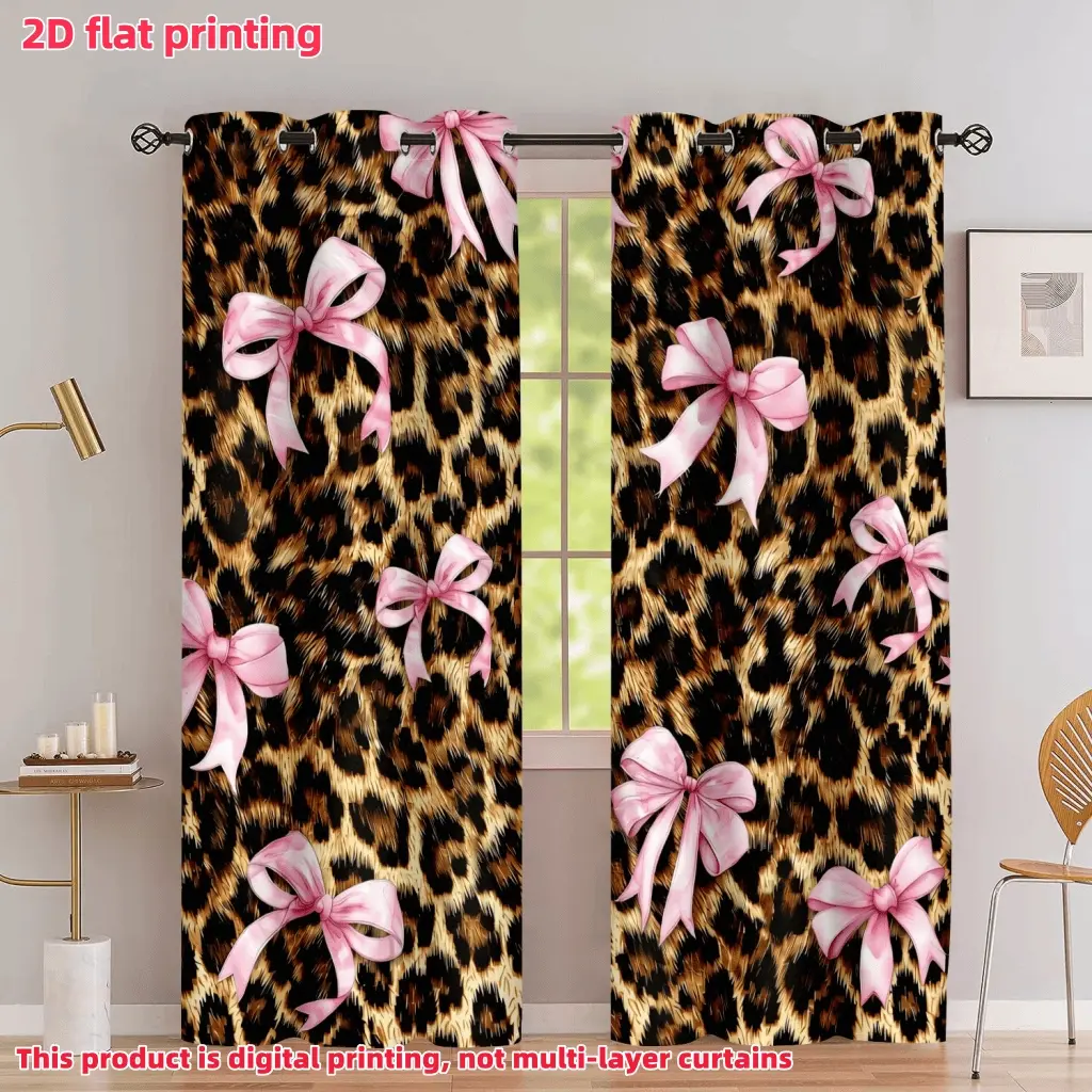 2D Flat 2Pcs Leopard Print Home Textile Curtains with Pink Bows, Home Decorative Curtain, Semi-Sunshade Polyester Fiber Window, Suitable for Living Room, Bedroom, Balcony, Anti Privacy