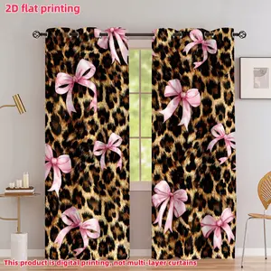 2D Flat 2Pcs Leopard Print Home Textile Curtains with Pink Bows, Semi-Sunshade Polyester Fiber Window, Suitable for Home Living Room, Bedroom, Balcony, Kitchen, Study, and Shower Decoration, Accessory, Anti Privacy.