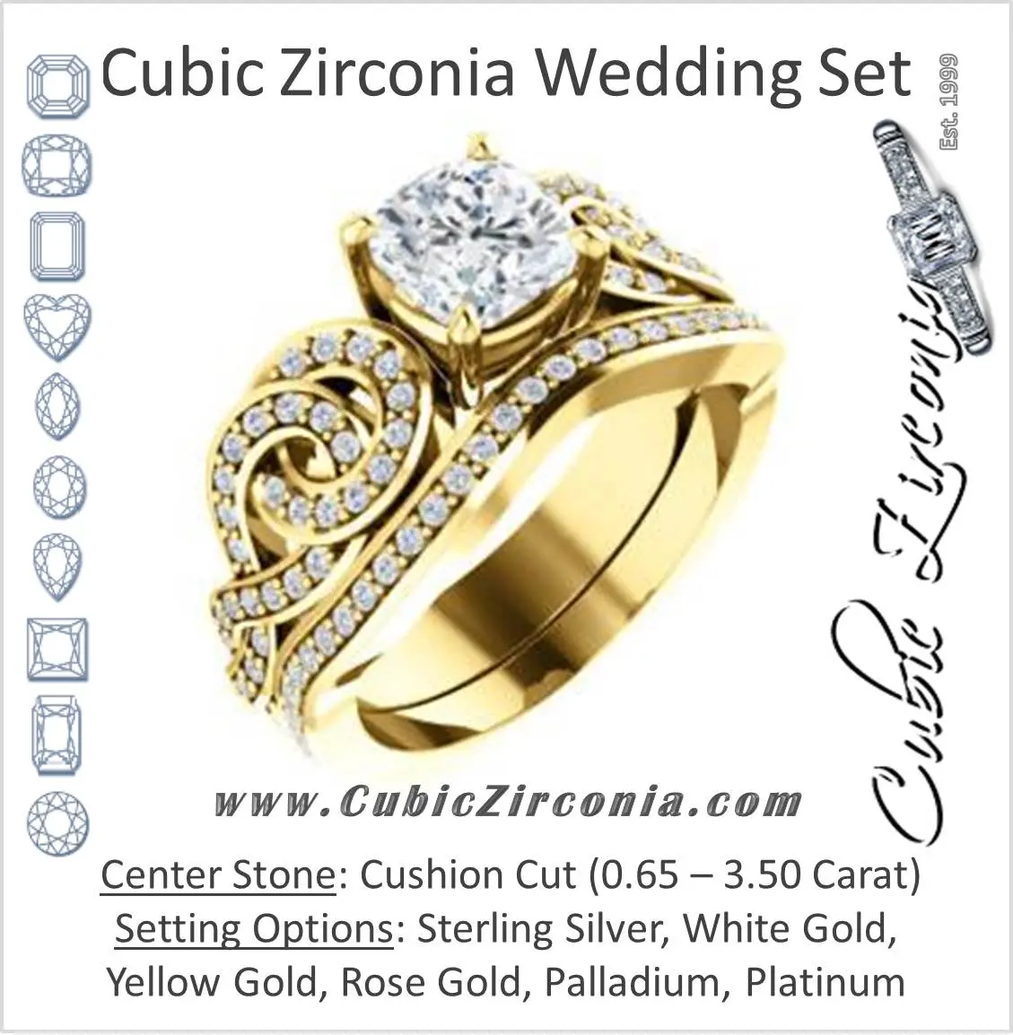 CZ Wedding Set, featuring The Myra engagement ring (Customizable Cushion Cut Split-Band Knots)