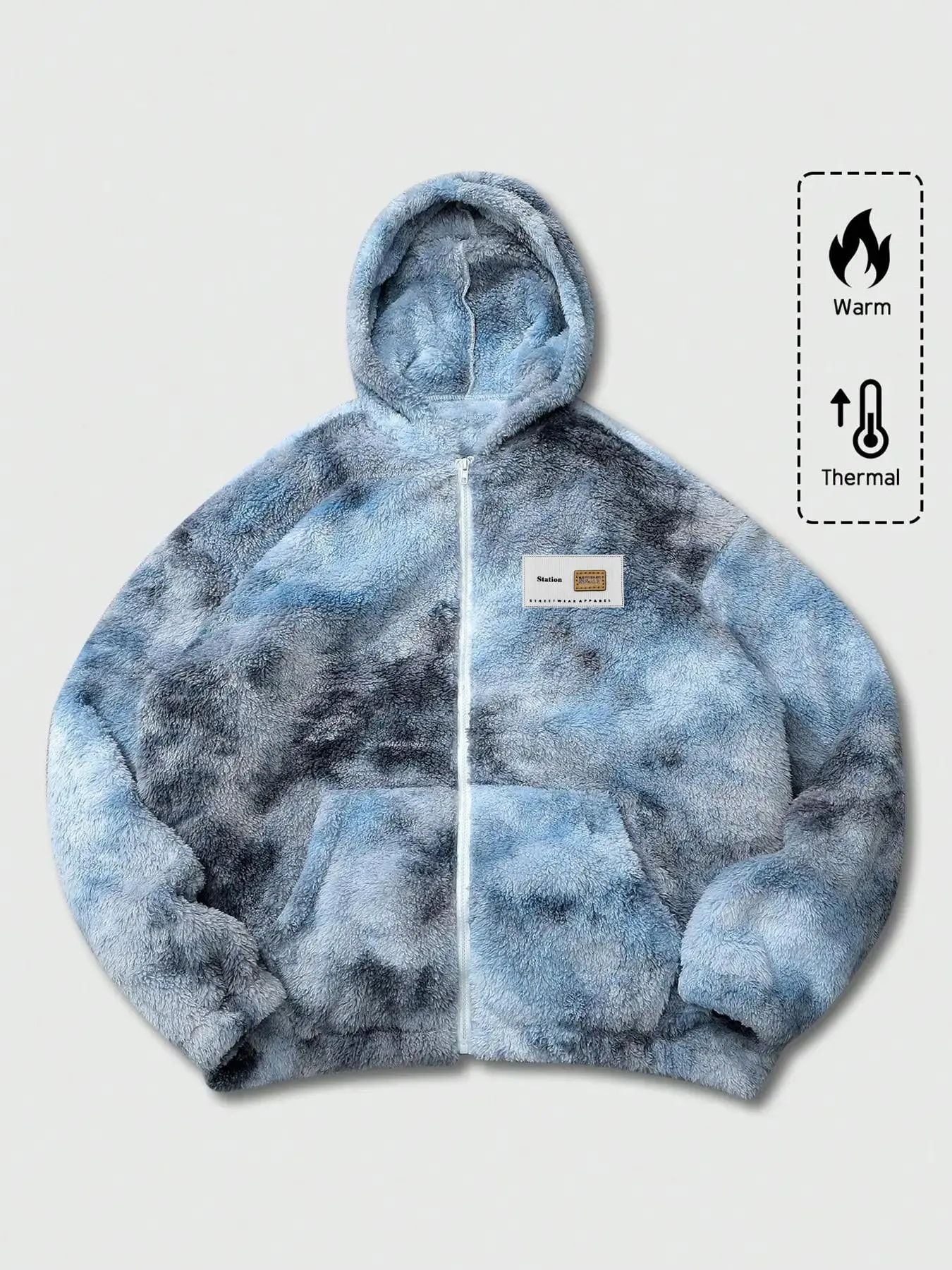 Winter Warm Oversized Loose Tie-Dye Ink Wash Fleece Jacket, Sherpa Fleece Hooded Jacket, Hooded Top, Unisex, Couple, Full-Zip Dropped Shoulder Jacket
