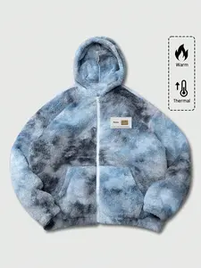 Winter Warm Oversized Loose Tie-Dye Ink Wash Fleece Jacket, Sherpa Fleece Hooded Jacket, Hooded Top, Unisex, Couple, Full-Zip Dropped Shoulder Jacket