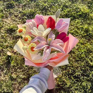 Crochet pink lily and tulips bouquet