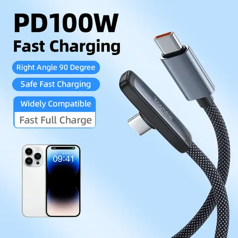 90-Degree Right Angle Flat Nylon Braided USB-C PD100W Fast Charging Cable, Charger for iPhone, Compatible with USB Type-C Adapters, iPhone 16/15 Series, iPad, MacBook, Galaxy S24/S23/S22, Black