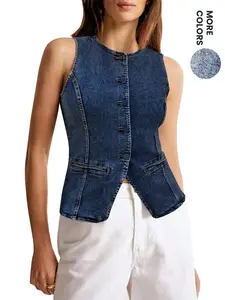 Aswulk Womens Button Down Denim Vest Tops Sleeveless Fitted Jean Tank Tops Spring& Summer Trendy Casual Waistcoat