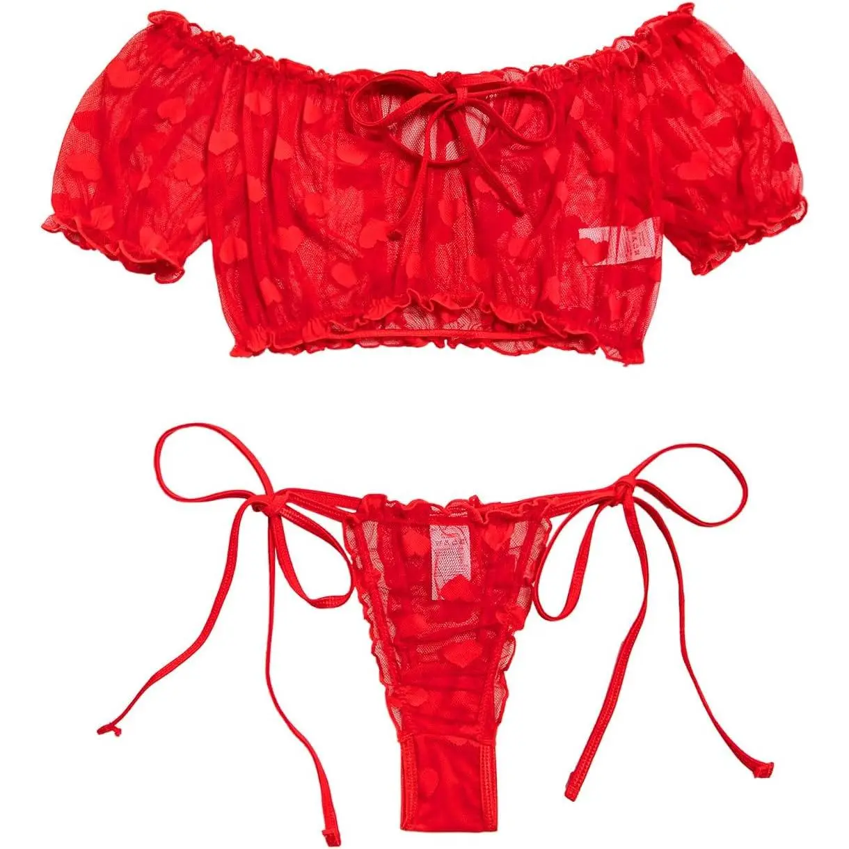 Sexy Ruffle Lingerie Set, 2-Piece Sheer Mesh Tie-Front Bra and Low Waist Panty for Valentines Day Role Play, Underwear Sets, Elastane, All Seasons, Adjustable Shoulder Strap, Body Slimming, Slimming Fit, Cheeky, Hand Wash Only, Sheer Ruffles, Sweetheart,,