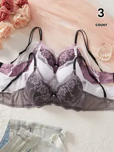 3 Pack Floral Lace Push Up Bra for Women, Underwire Padded Plunge Bralette, Adjustable Straps, Sexy Everyday Lingerie Set for Daily Wear