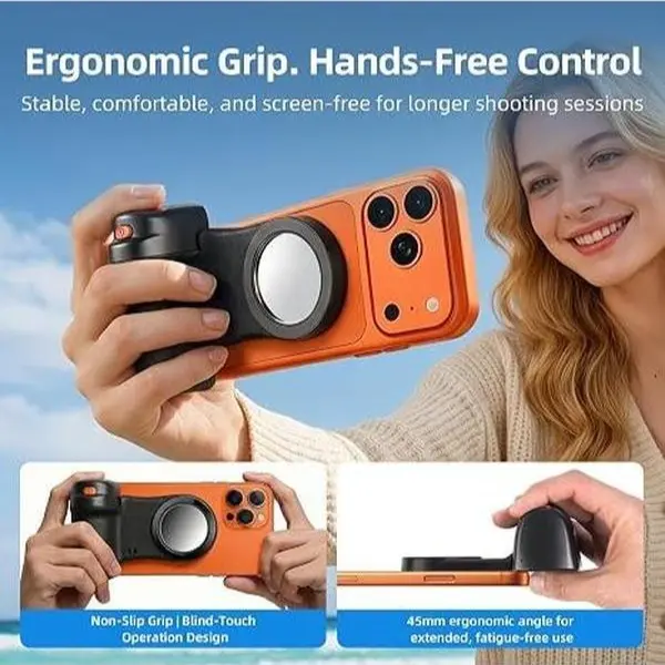 Magnetic Phone Camera Grip, Wireless Bluetooth Shutter Remote Handle, MagSafe Smartphone Shooting Holder, Ergonomic Selfie Camera Controller Grip, Portable Content Creator Kit for iPhone Android Vlogging TikTok Photography Video Recording
