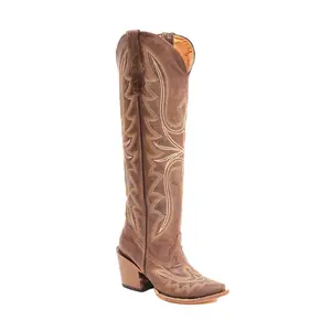 TANNER MARK WOMEN’S Crackle Brown Fashion Heel Knee High Cowgirl Boots