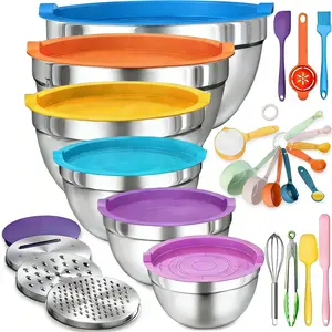 Colorful Lid Salad Bowls 6 Piece Stainless Steel Set Large Size Multi Specification Mixing Bowls With 3 Piece Graters And 8 Bonus Kitchen Tools