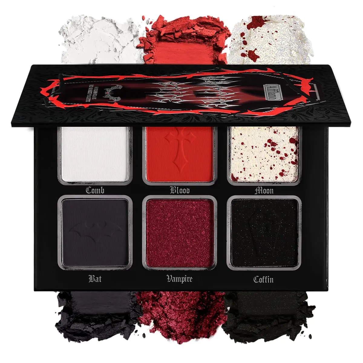 Black Red Eyeshadow Palette, Highly Pigmented True Red White Dark Grey Goth Smoky Eyeshadow Palette, 6 Color Matte Shimmer Burgundy Metallic Halloween Makeup Palette for Zombie Vampire Clown,Blendable