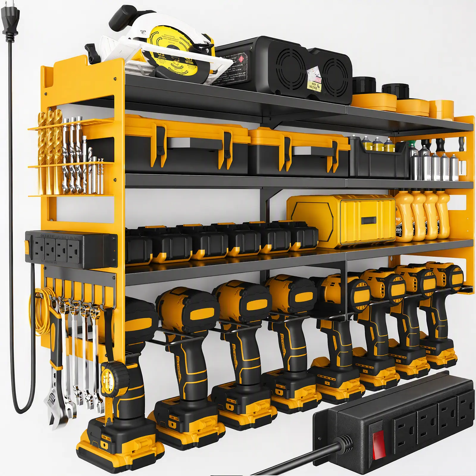 Large Power Tool Organizer Wall Mount with Charging Station 4-Outlet Power Strip, Heavy-Duty 600-LB Load Capacity, 4-Tier Tool Storage Utility Racks for Garage Workshop