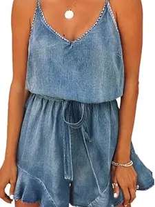 Women's Summer Blue Casual Denim Jumpsuit, Beach Style, Concert Venue Friendly, Comfortable and Fashionable, Perfect for Relaxing Days