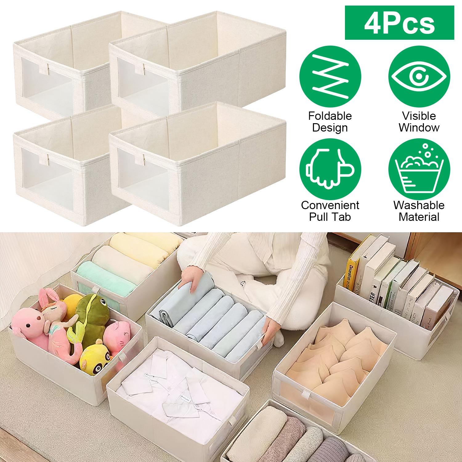 4Pcs Foldable Closet Storage Bins,16.14x10.82x6.49in Closet Storage Baskets with Clear Window, Washable Linen Fabric Storage Baskets for Clothes Organization or Bedroom Kitchen Basement,Clothes Toys Snacks Tools