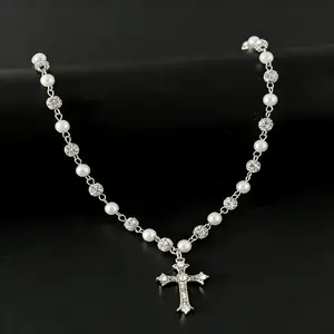 Chic Adorn Vintage Stylish Simple Rhinestone Cross Decorated Imitation Pearl Necklace, Men's Hip Hop Punk Jewelry for Elegant Charm, Bling Necklace, Pearl Chain Necklace