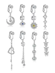 Women's Elegant Butterfly Heart Flower Moon Long Fake Belly Ring Set, No Piercing Navel Jewelry for Beach Vacation Party