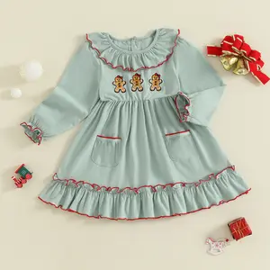 Toddler Baby Kids Little Girl Christmas Dress Long Sleeve Gingerbread Man Embroidery Ruffle Dress Outfit 2-6 Years