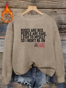 Women's Fall Winter Round Neck Faux Fur Top, Knitwear, Sweatshirts, Graphic Text Print, Soft Velvety Fabric, Casual Loose Fit, Everyday, Sweet & Tough Style, Womenswear