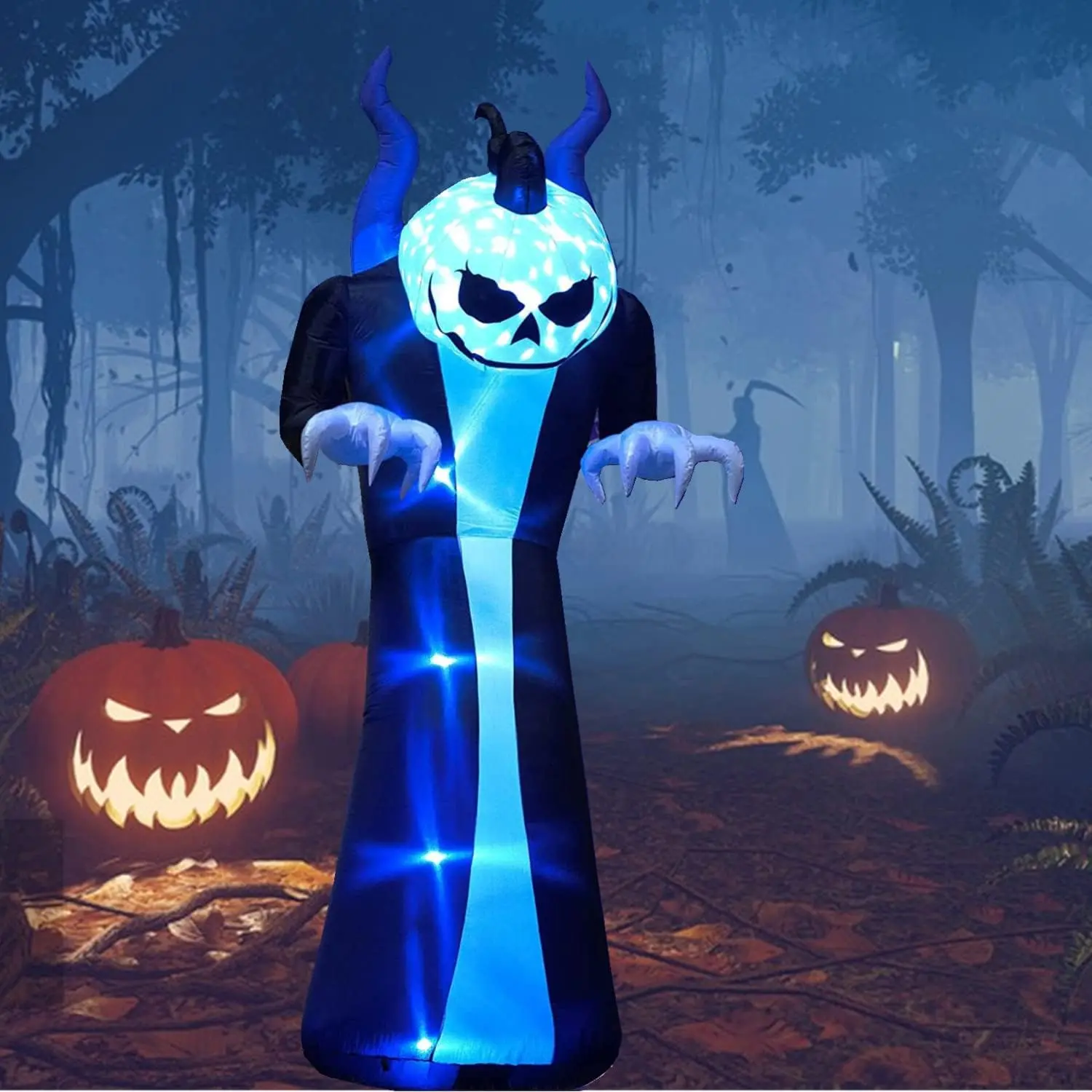 12FT Giant Grim Reaper Inflatable Blow Up Decorations - Pumpkin Head with 3-Color LED Flame, Outdoor Halloween Decoration for Yard & Garden