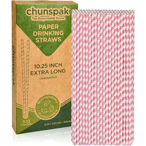 Biodegradable Pink Paper Straws for Drinking - 10 Inches Long, 0.24" Diameter, Pack of 100