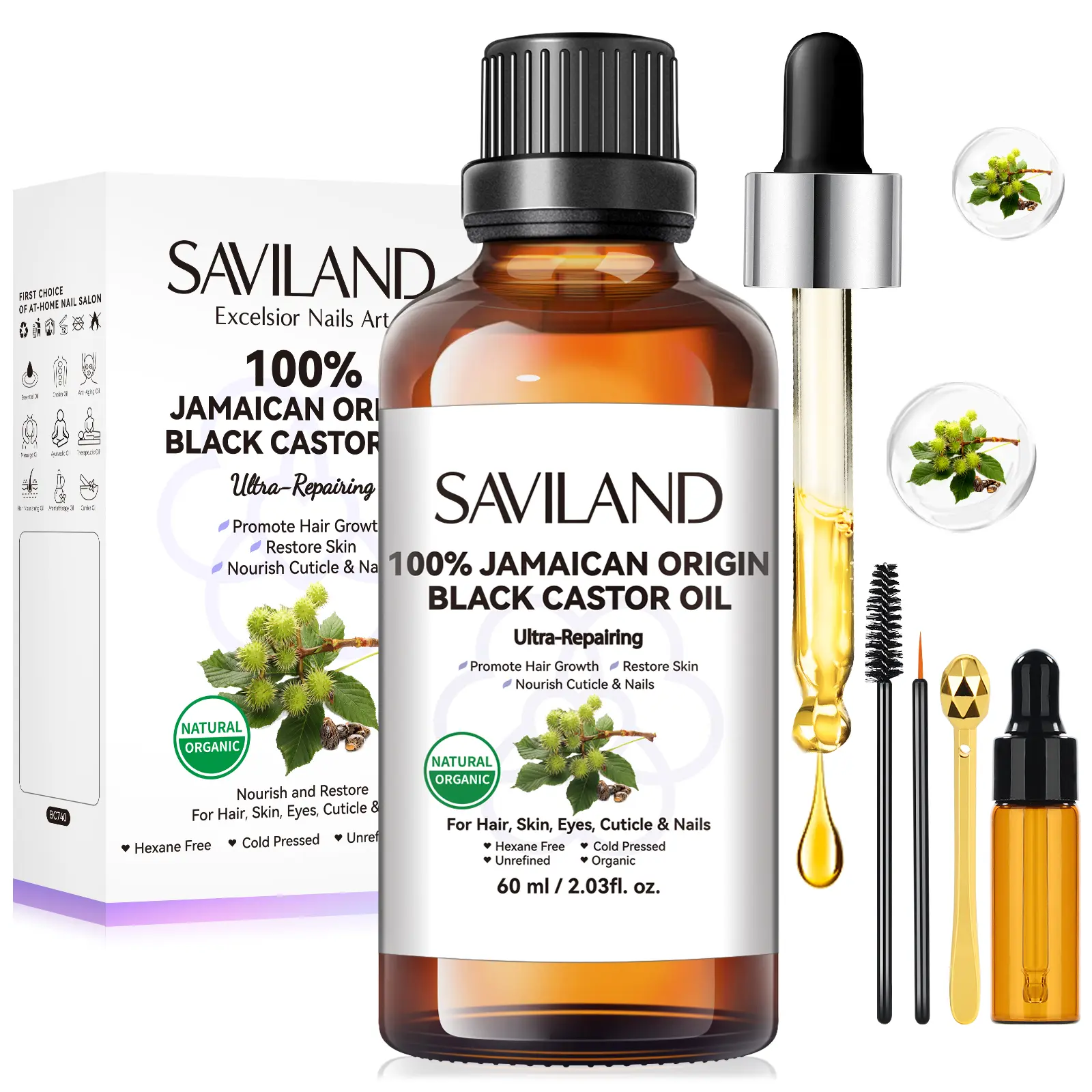 SAVILAND Jamaican Black Castor Oil Organic Cold Pressed Unrefined: 100% Pure and Natural Castor Oil for Hair Growth Eyebrows Face Skin Care Cuticle Nourish Massager Tools Home Care 60ML