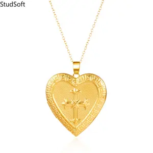 2026 New Gold Pendant Necklace – Heart-shaped Cross, Heart-shaped Openwork, and Oval Openwork Photo Pendant; Vintage Religious and Floral Pattern Women's Jewelry, Perfect for Storing Photos and Everyday Wear.
