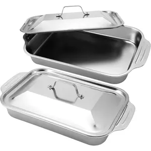 2 Sets Stainless Steel Cake Pan with Lid 9 x 13 Inch Rectangle Bread Loaf Pans with Cover Rectangle Baking Bakeware for Bread Cake Brownies, Dishwasher Safe (Handle Style)