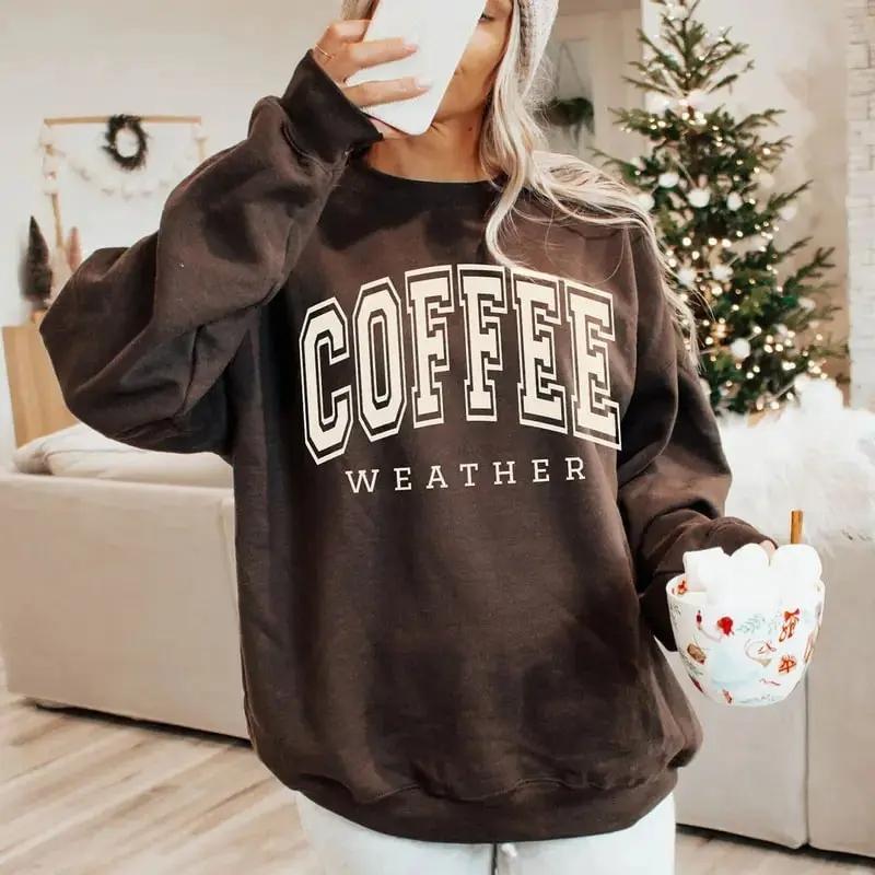 “Coffee Weather” sweatshirt, a cute oversized trendy sweater for coffee lovers, perfect for cozy days and anyone who enjoys stylish, warm caffeine-themed apparel.