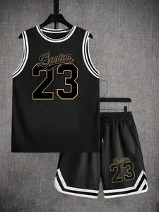 Men's Graphic Letter & Number Print Contrast Binding Tank Top & Drawstring Waist Shorts Set, Regular Fit Sleeveless Round Neck Top & Pocket Shorts, Casual Summer Clothes for Outdoor