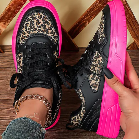 Women's Fashion Leopard Print, Breathable Lightweight Low Top Skate Shoes, Trendy Walking Patchwork Design Sneakers, Casual Lifestyle Sneaker, Footwear Sneakers, Perfect for Parties, Gifts, Travel, Work