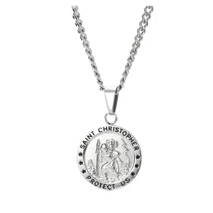 ORAZIO St Christopher Medal Necklace Silver 316L Stainless Steel Saint Christopher Necklace for Men Women Religious Amulet Pendant Christian Gifts 22/24 Inch