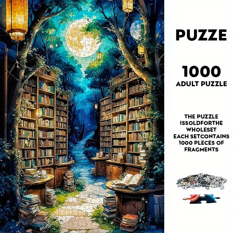 1000 Piece Large Paper Puzzle Set, Magic Bookshop Theme Unframed DIY Craft, Art Puzzles Gift, Family Puzzle, Durable Seamless Design, Halloween Thanksgiving Easter Gift