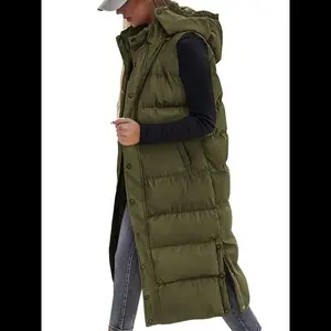 Women's Long Puffer Vest with Quilted Hood and Button Down Closure for Winter Coat 2025 - Tops, Womenswear