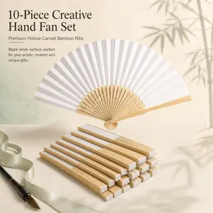 10-Piece Blank Hand Fans Set, Premium Bamboo Folding Fans with Hollow-Carved Ribs, Blank White Surface for DIY Painting, Art Creation & Party Favors
