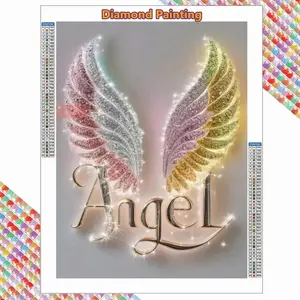 Glitter Rainbow Angel Wings 5D Diamond Painting Kit Sparkling Rhinestone Art with Metallic 'Angel' Text, Gradient Color Wings, DIY Wall Decor Gift for Angel Lovers