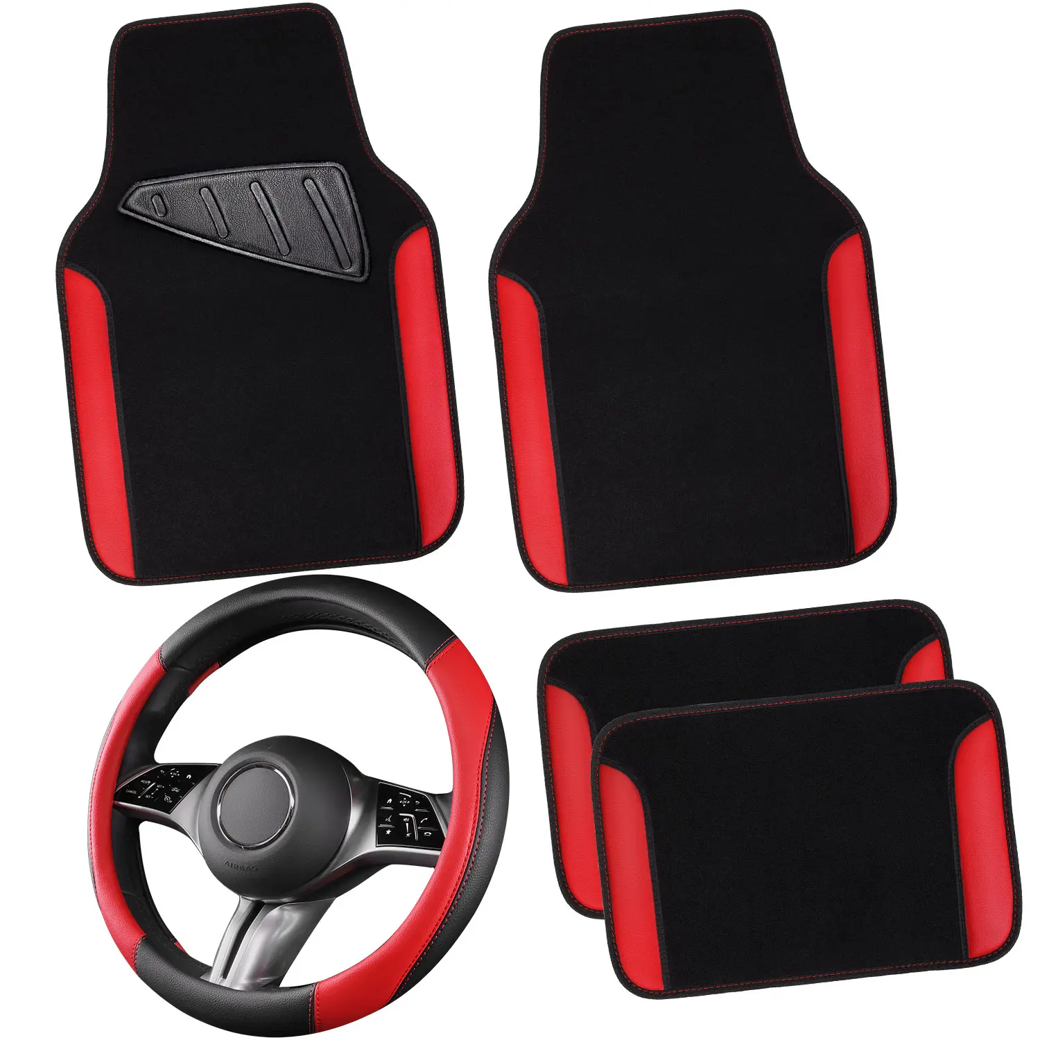 Red&Black Car Floor Mats+Steering Wheel Cover
